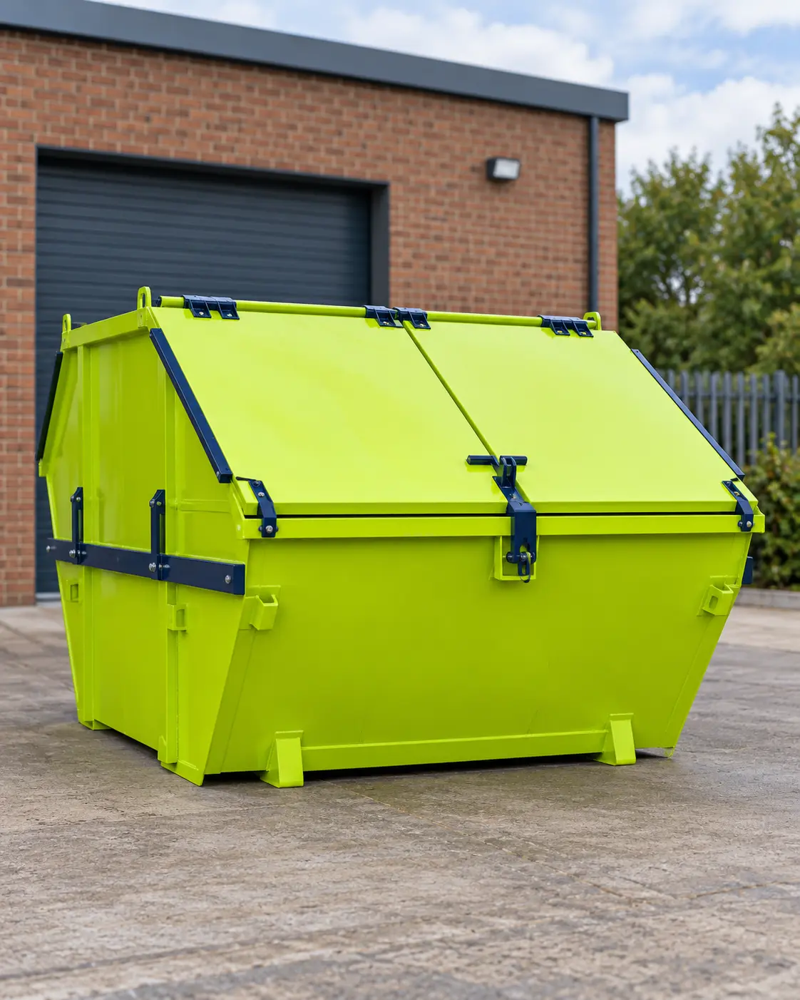 Secure lime-green enclosed skip at commercial premises