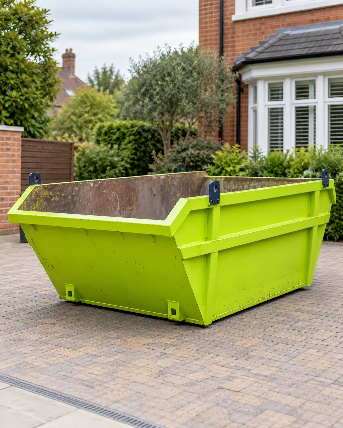 Lime-green open skip on a London driveway
