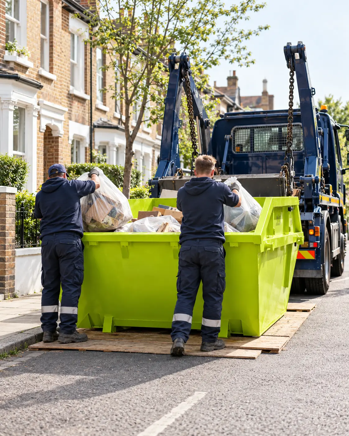 Lime-green wait and load skip with the lorry waiting on site