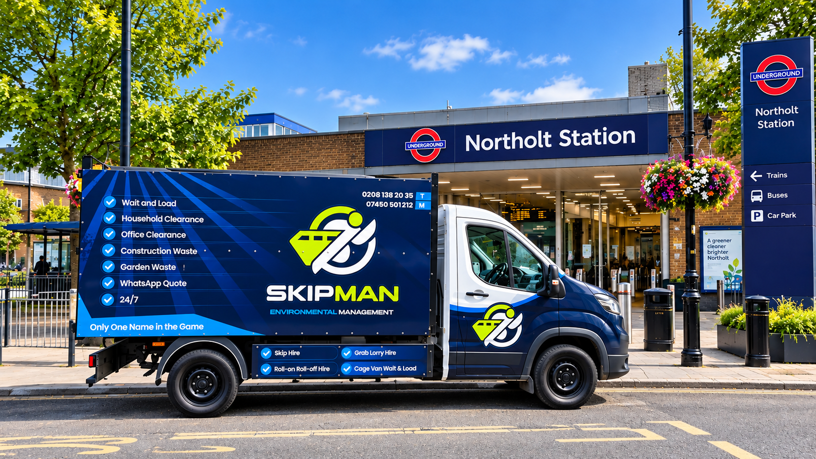 SKIPMAN branded cage van outside Northolt Station