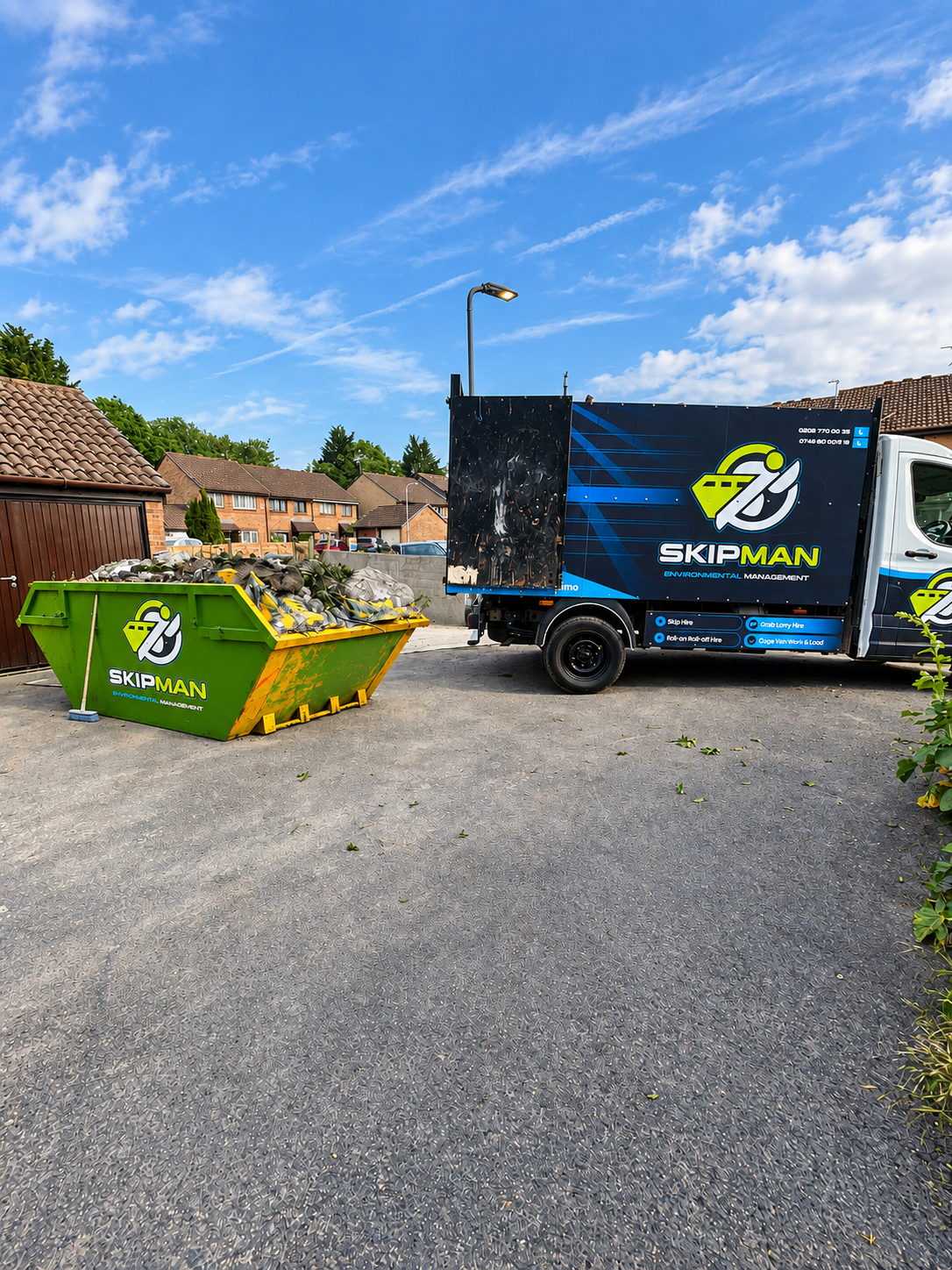 SKIPMAN branded van and skip serving Ruislip