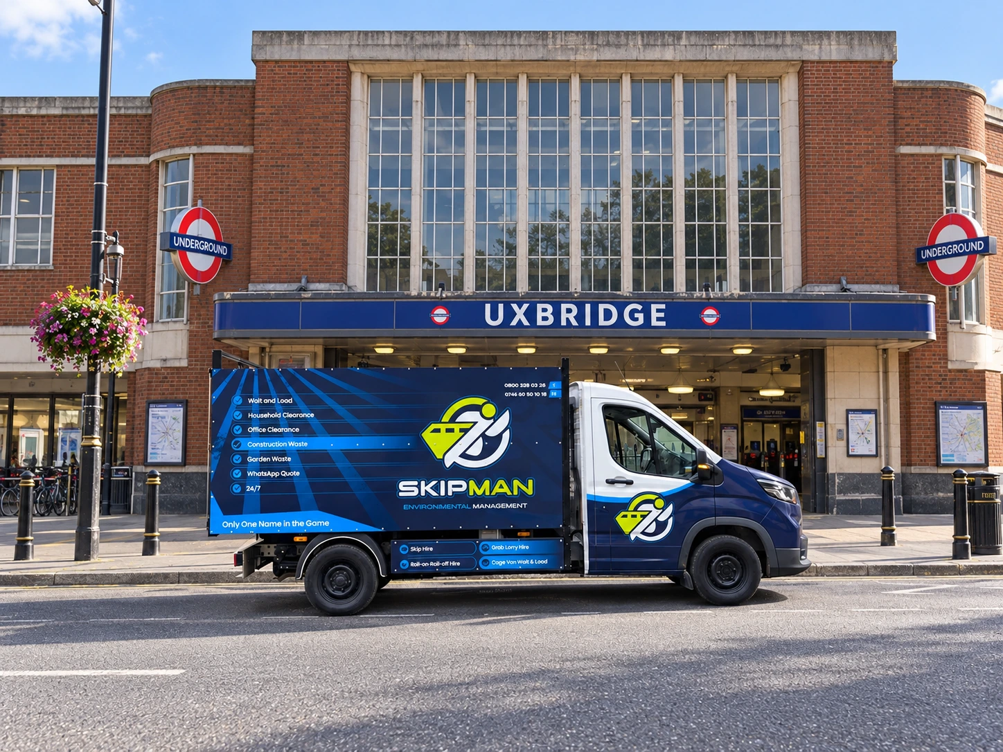 Photomontage of the SKIPMAN cage van outside Uxbridge station