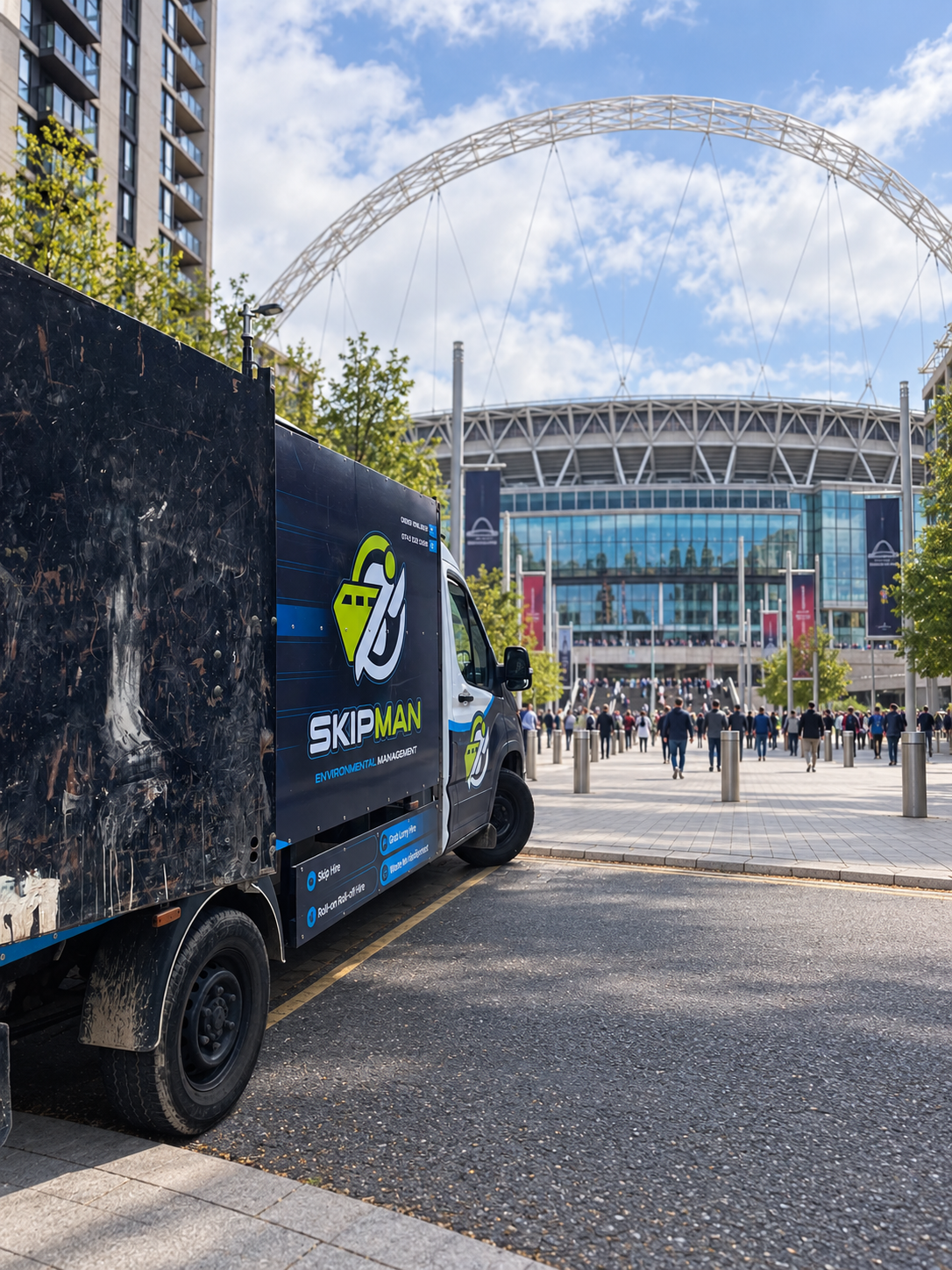 SKIPMAN branded cage van outside Wembley Stadium